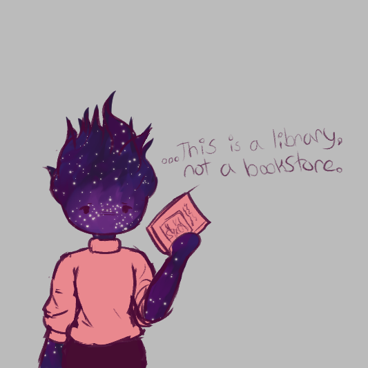 Harlow holding a book in one hand. He is saying '...This is a library, not a bookstore.'